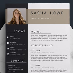May include: A black and white resume template with a professional headshot of a woman. The resume includes contact information, work experience, education, and a profile section. The text on the resume is in a simple, clean font.