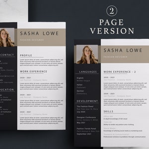 May include: A two-page resume template with a black and white color scheme. The resume is for Sasha Lowe, a fashion designer. The resume includes contact information, work experience, education, languages, and development. The resume is designed to be visually appealing and easy to read.
