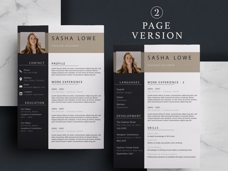 May include: A two-page resume template with a black and white color scheme. The resume is for Sasha Lowe, a fashion designer. The resume includes contact information, work experience, education, languages, and development. The resume is designed to be visually appealing and easy to read.