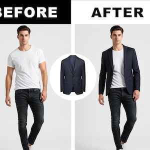 May include: The image shows a man in a white t-shirt and dark jeans before and after wearing a navy blue blazer. The text "BEFORE" and "AFTER" is displayed above the man. A navy blue blazer is in the middle of the image.