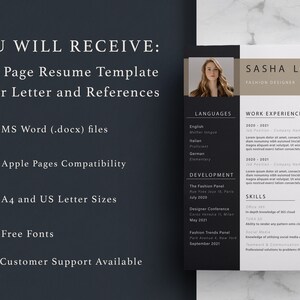 May include: A black and white resume template with a photo of a woman in the top right corner. The resume includes sections for languages, work experience, development, and skills. The text "SASHA LOWE FASHION DESIGNER" is at the top of the resume.