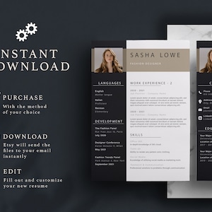 May include: A black and white resume template with a photo of a woman. The resume includes sections for languages, work experience, skills, education, and contact information. The text "INSTANT DOWNLOAD" is at the top of the page.