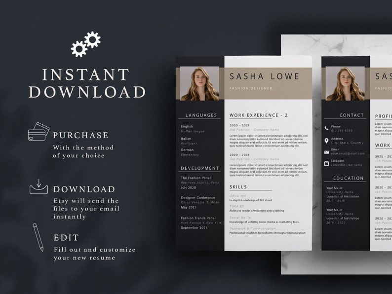 May include: A black and white resume template with a photo of a woman. The resume includes sections for languages, work experience, skills, education, and contact information. The text "INSTANT DOWNLOAD" is at the top of the page.