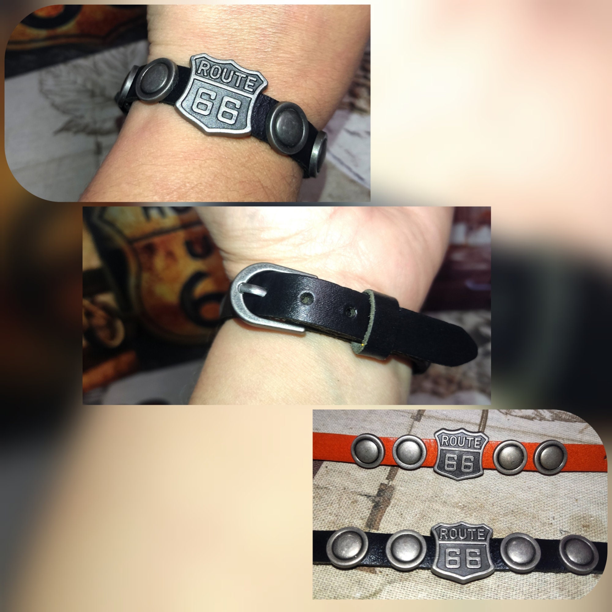 Bracelet Motard Route 66 - Simili Cuir Et Acier Inoxydable - Style Biker Rock - Neuf Avec étiquettes