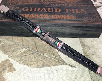 Leather and Steel Bracelet Cross and Italian Flag with Adjustable Safety Clasp Lucky Charm for Men and Women