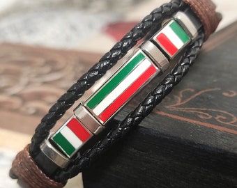 Italiaanse leren armband met roestvrijstalen veiligheidssluiting, verstelbare Italiaanse armband, leren armband met drie vlaggen, unisex