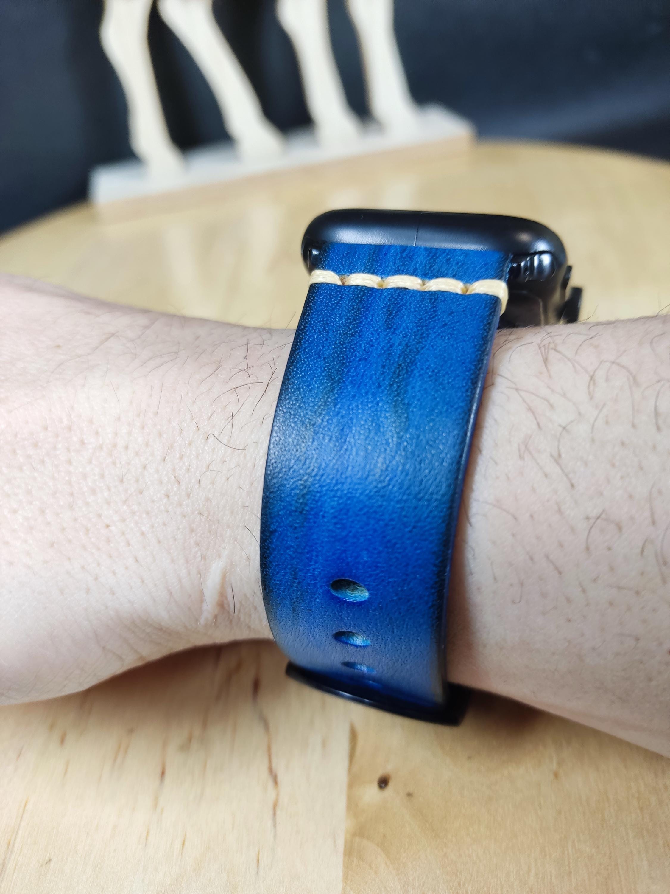 Blue Leather Band for Apple Watch 49mm 46mm 45mm 44mm (42mm 