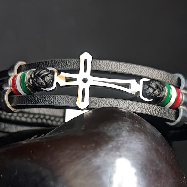 Leather and Steel Bracelet Cross and Flag of Italy with Adjustable Safety Clasp Lucky Amulet for Men and Women