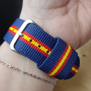 May include: A blue and yellow striped watch band with a silver buckle.