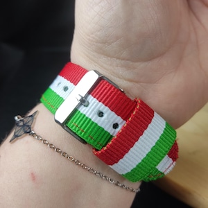 May include: A red, white, and green striped watch band with a silver buckle. The band is made of nylon and has a stitched edge.