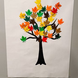 以下が含まれることがあります： 黒い筆記体で「Thankful Tree」と書かれた白いポスター。ポスターには、枝にカラフルな紙の葉がついた木の黒いシルエットが描かれている。各葉には手書きの言葉が書かれている。