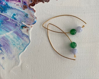 Blue Lace Agate, Jade, and Brass Square Drop Earring