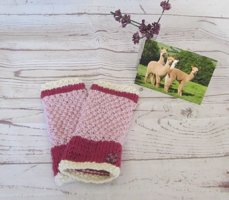 alpaca /& wool mix fingerless gloves yarn knitted in a moss and stocking stitch pattern Comes with KnitClaire button New Shades of pink