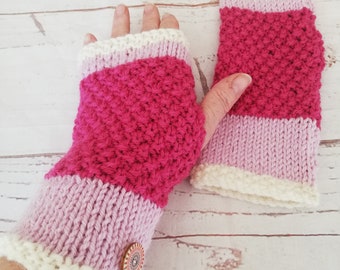 alpaca /& wool mix fingerless gloves yarn knitted in a moss and stocking stitch pattern Comes with KnitClaire button New Shades of pink