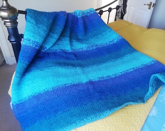 Hand Knitted Blanket, Woollen Blanket, Striped Blue Blanket, Single Blanket, Knitted Throw, Blue Blanket