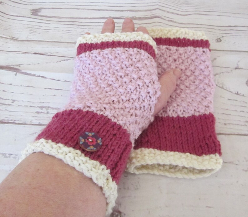 alpaca /& wool mix fingerless gloves yarn knitted in a moss and stocking stitch pattern Comes with KnitClaire button New Shades of pink