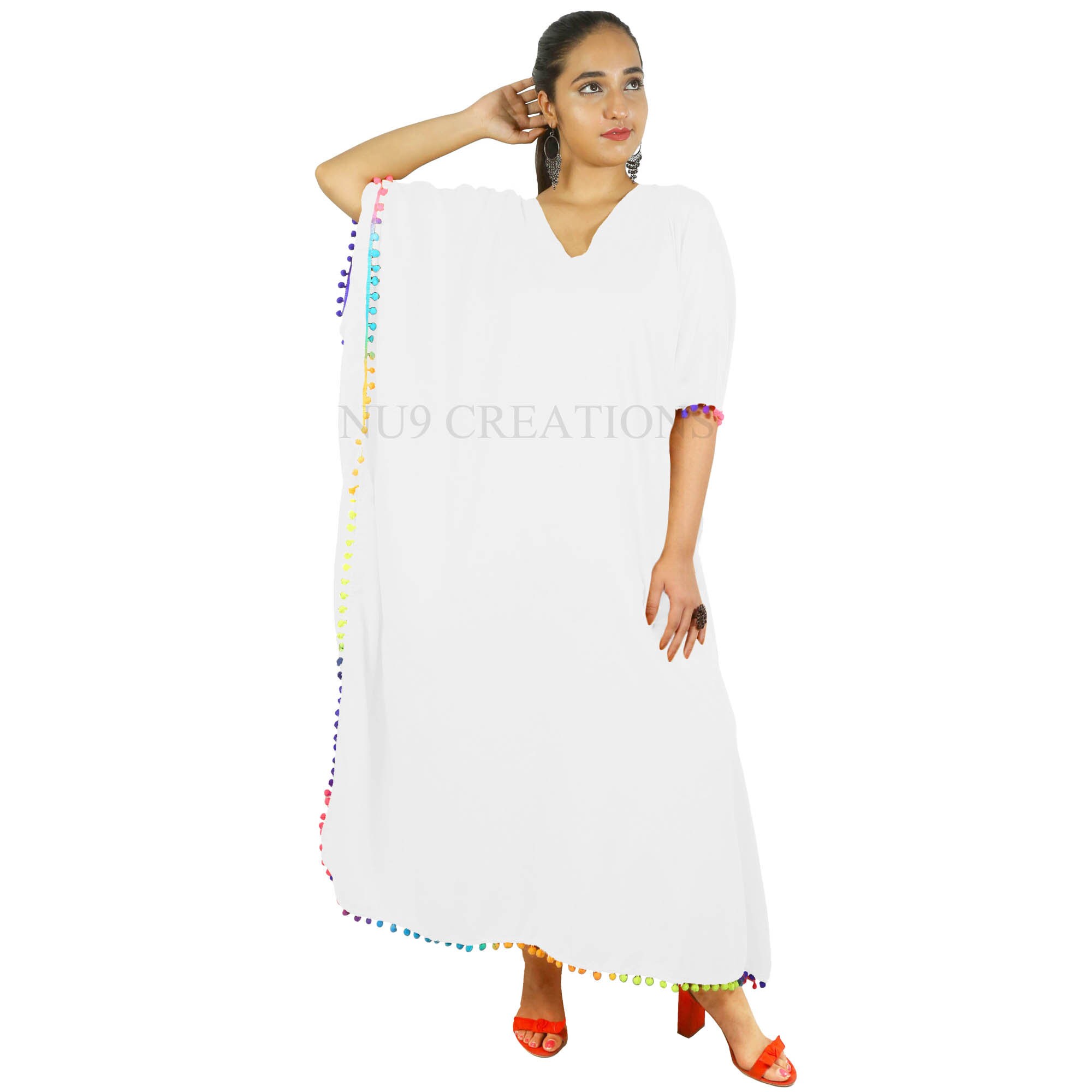 Kaftans Caftan Maxi Dress With Pom Pom Lace Plain Rayon Kaftan Beach