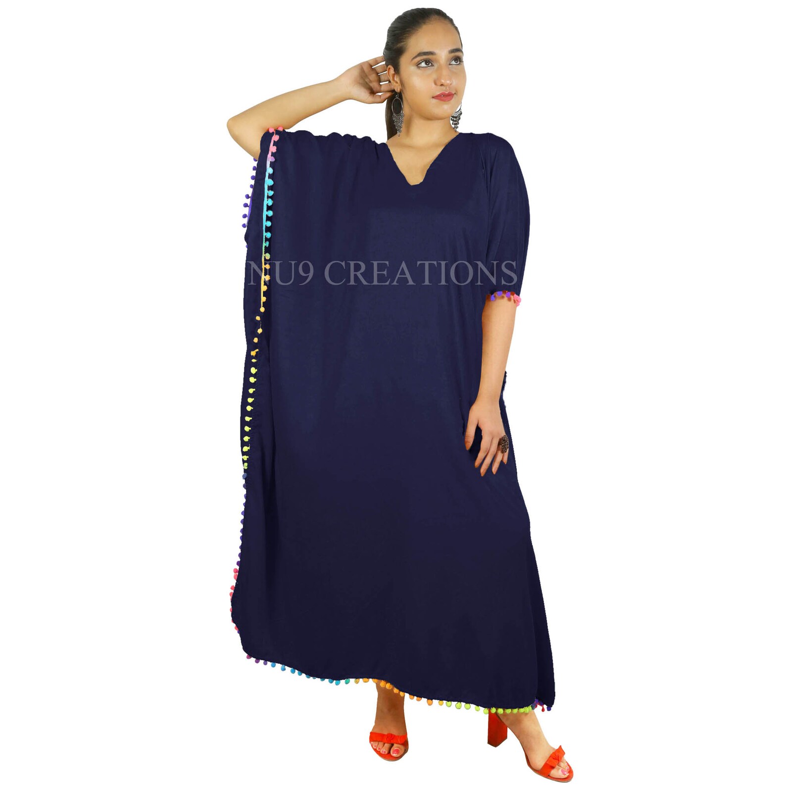 Kaftans Caftan Maxi Dress With Pom Pom Lace Plain Rayon Kaftan Beach Wear Kaftans Indian Robe