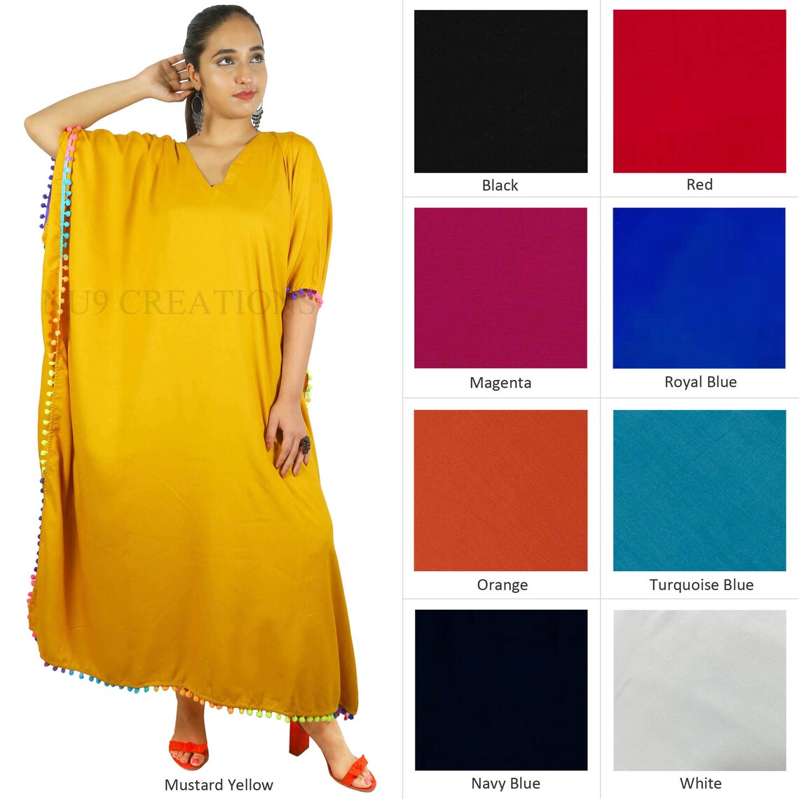 Kaftans Caftan Maxi Dress With Pom Pom Lace Plain Rayon Kaftan Beach