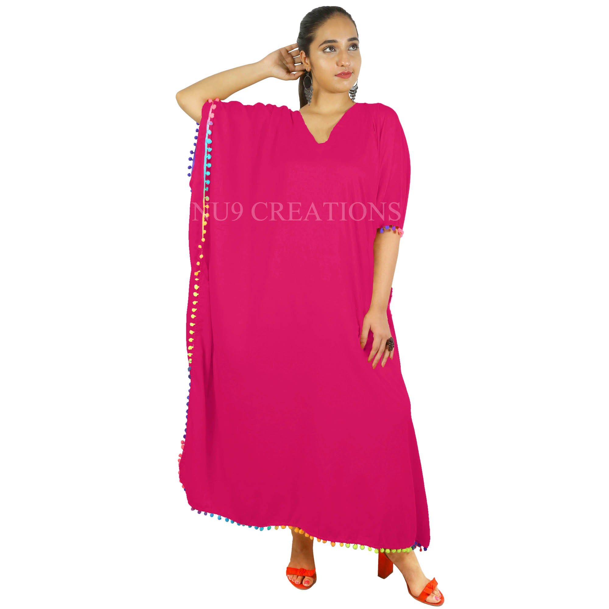 Kaftans Caftan Maxi Dress With Pom Pom Lace Plain Rayon Kaftan Beach