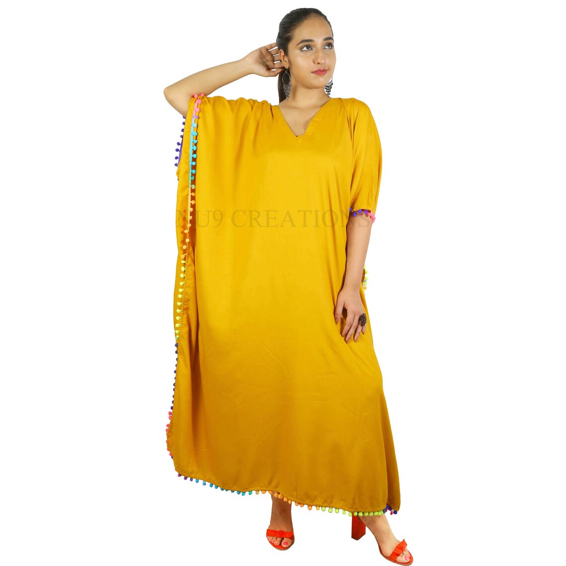 Kaftans Caftan Maxi Dress With Pom Pom Lace Plain Rayon Kaftan Beach