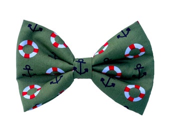 Nautical-Inspired Olive Green Dog Collar Bow Tie with black Anchors | Handmade Dog Bow Tie | Dog Lover Gift