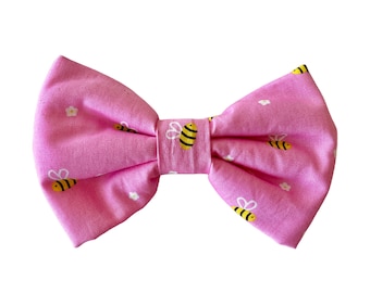 Bright Pink Dog Collar Bow Tie with Honey Bees | Handmade Dog Bow Tie | Dog Lover Gift | Puppy Pink Bow Tie