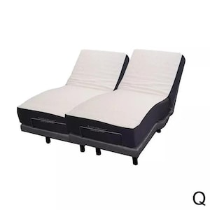 May include: A white adjustable bed frame with two mattresses. The frame is made of black metal and has a modern design. The mattresses are covered in white fabric and have a quilted pattern.