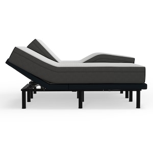 May include: A gray and white adjustable bed frame with a black metal base and legs. The bed frame has a split design, allowing for independent head and foot adjustments.