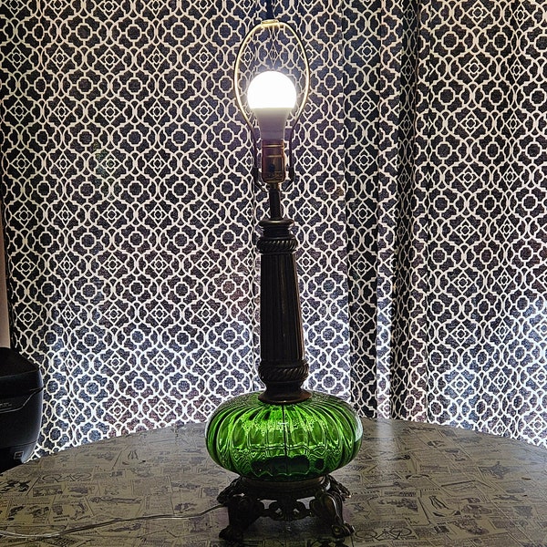 GREEN Saucer Glass Table Light Swag Lamp Retro Globe Natural Patina Mid Century Vintage Antique 1970's Rewired