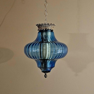BLUE Falkenstein Antique Hanging Glass Globe Vintage Light Swag Lamp Retro Plug-in Diffuser