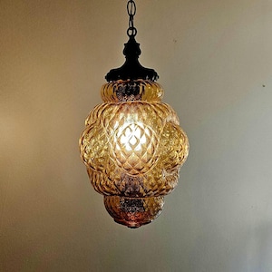 BEEHIVE Amber DIMPLED Glass Vintage Light Swag Hanging Lamp Retro Diffuser Antique Plug-in Mid Century