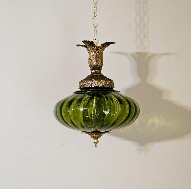 Vintage GREEN Glass Saucer Hanging Light Swag Lamp Pull-chain Diffuser ...