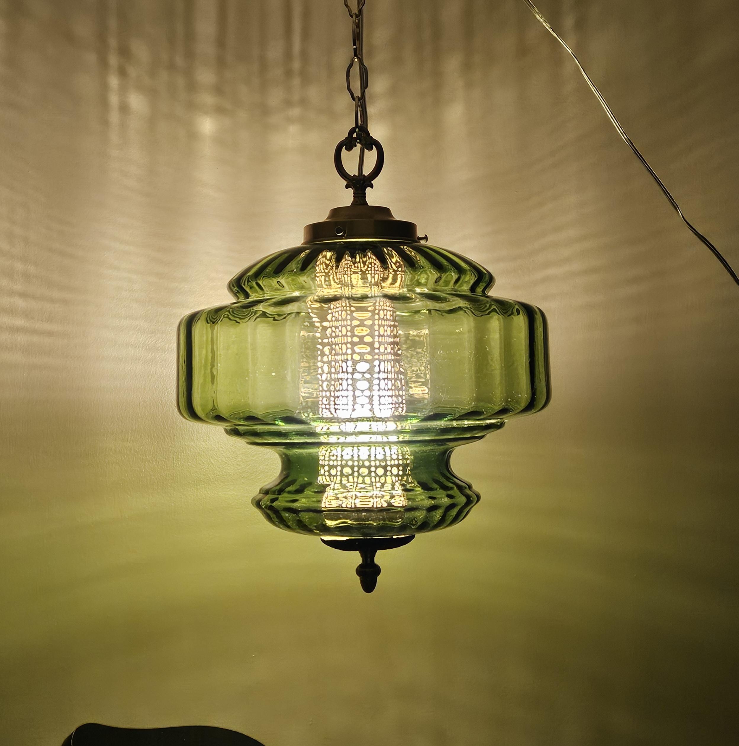 GREEN Glass FALKENSTEIN Hanging Vintage Antique Light Swag Lamp
