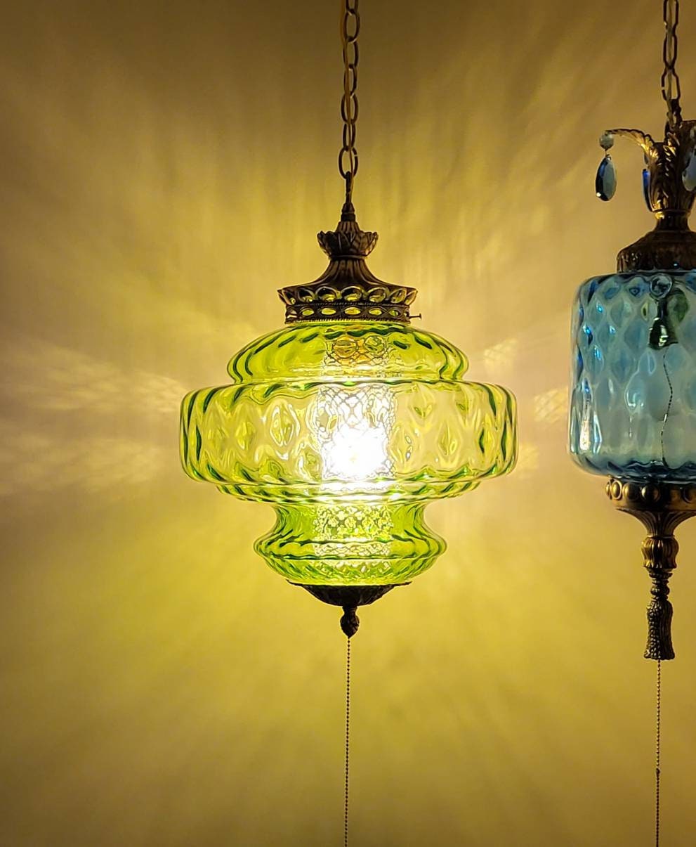 HUGE Vintage GREEN Hanging Glass Light Swag Globe Lamp Retro