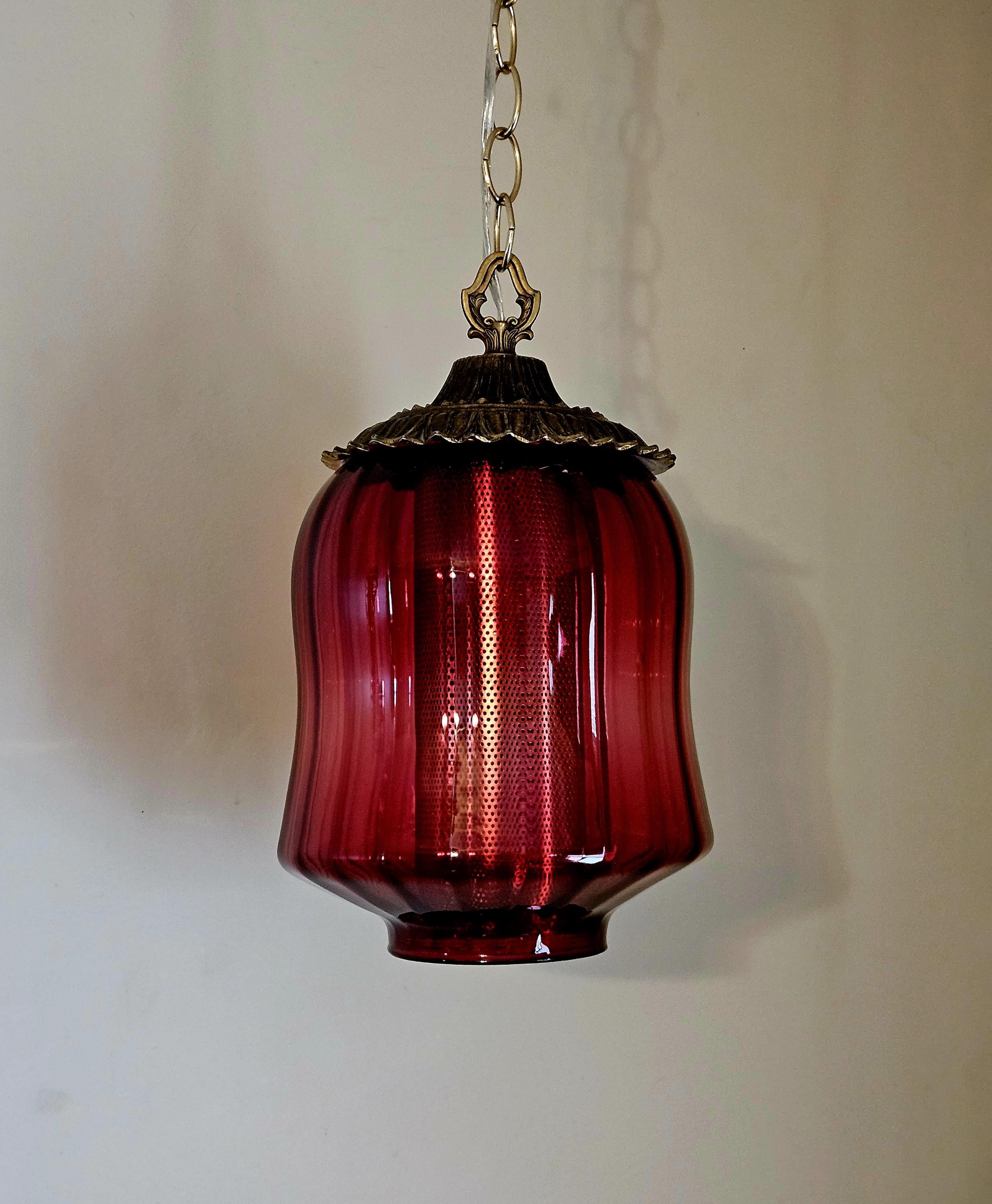 Deep RED Vintage Glass Globe Hanging Light Swag Lamp Retro Diffuser Plug-in Antique