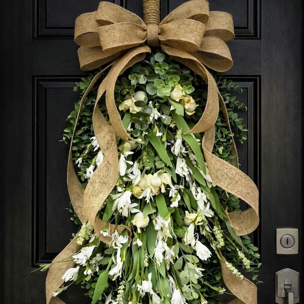 Year Round Wreath Teardrop Swag For Front Door, Everyday Neutral Rustic Farmhouse Decor, Spring Summer Wreath, Double Door Wreaths, Gift