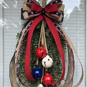 4th of July Patriotic Door Wreath Swag with American Flag Bells For Front Door Outdoor Home Decor Rustic Porch Decoration Housewarming Gift