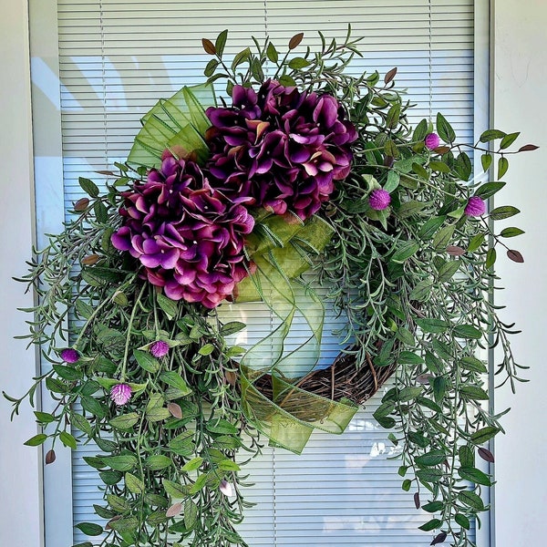 Spring Summer Wreath For Front Door, Double Door Decor, Hydrangea Grapevine Swag, Outdoor Seasonal Decoration, Porch Decor, Floral Home Gift