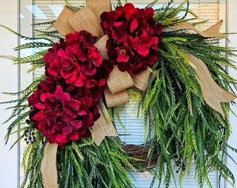 XL Red Hydrangea Wreath For Front And Double Door, Outdoor Spring Summer Fall Winter Home Decor, Christmas, Valentine, Year Round Home Decor