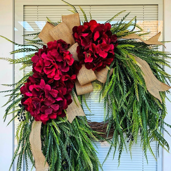 XL Red Hydrangea Wreath For Front And Double Door, Outdoor Spring Summer Fall Winter Home Decor, Christmas, Valentine, Year Round Home Decor