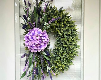 Handmade Purple Hydrangea Lavender Wreath For Front Door, Double Door, Outdoor Spring Summer Decor, Large Year Round Decoration, Home Gift