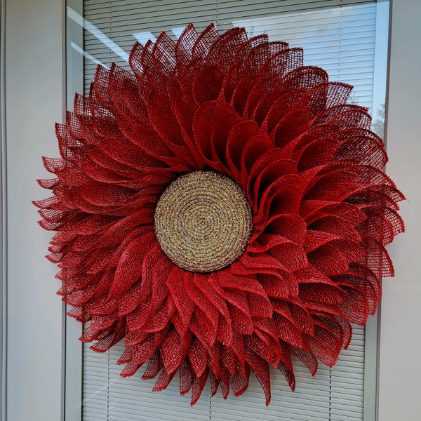 Handmade Red Sunflower Wreath For Front Door, Double Door, Porch Decor, Outdoor Spring Summer Fall Home Decoration, Large Flower, Home Gift