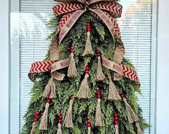 MERRY CHRISTMAS WREATH For Front Door Double Door Outdoor Holiday Decor Unique Xmas Tree Swag Winter Teardrop Artificial Cedar Home Gift