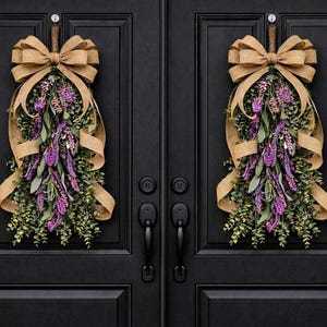 Double Door Wreaths, Spring Summer Wreath Swag For Front Door Decor With Eucalyptus Lavender Rustic Farmhouse Burlap Bow, Home Decor