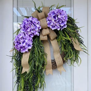 Spring Summer Wreath For Front Door, Double Door Wreaths, Colorful Purple Hydrangea, Large Modern Farmhouse Home Decor, Indoor Outdoor Gift