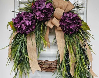 Spring Wreath, Front & Double Door Decor, XL Purple Hydrangea Swag, Outdoor Seasonal Porch Decor, Home Decor, Large Floral Housewarming Gift