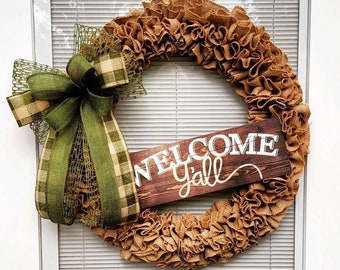 XL Outdoor Welcome Yall Burlap Front Door Wreath For Your Year Round Spring Summer Fall Winter Home Decor Seasonal Decorations Reef Gifts