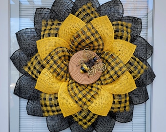 Bumble Bee Wreath For Front Door, Spring Summer Fall Decor, Yellow Black Burlap Bumblebee Flower Hanger, Floral Hanging, Home Gift