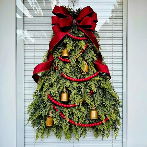 Outdoor Christmas Front Door Wreath, Extra Large Outside Holiday Porch Decor, XL Winter Xmas Tree Swag With Gold Bells, Red Garland & Bow